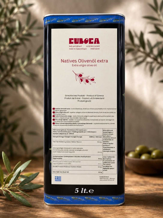 Griechisches Olivenöl Ernte 2025 in einer 5 Liter Dose. Natives Olivenöl online kaufen.