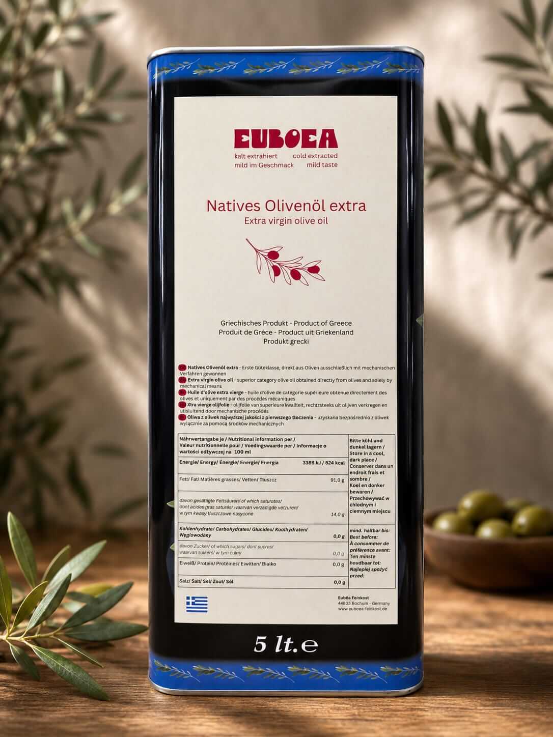 Griechisches Olivenöl Ernte 2025 in einer 5 Liter Dose. Natives Olivenöl online kaufen.